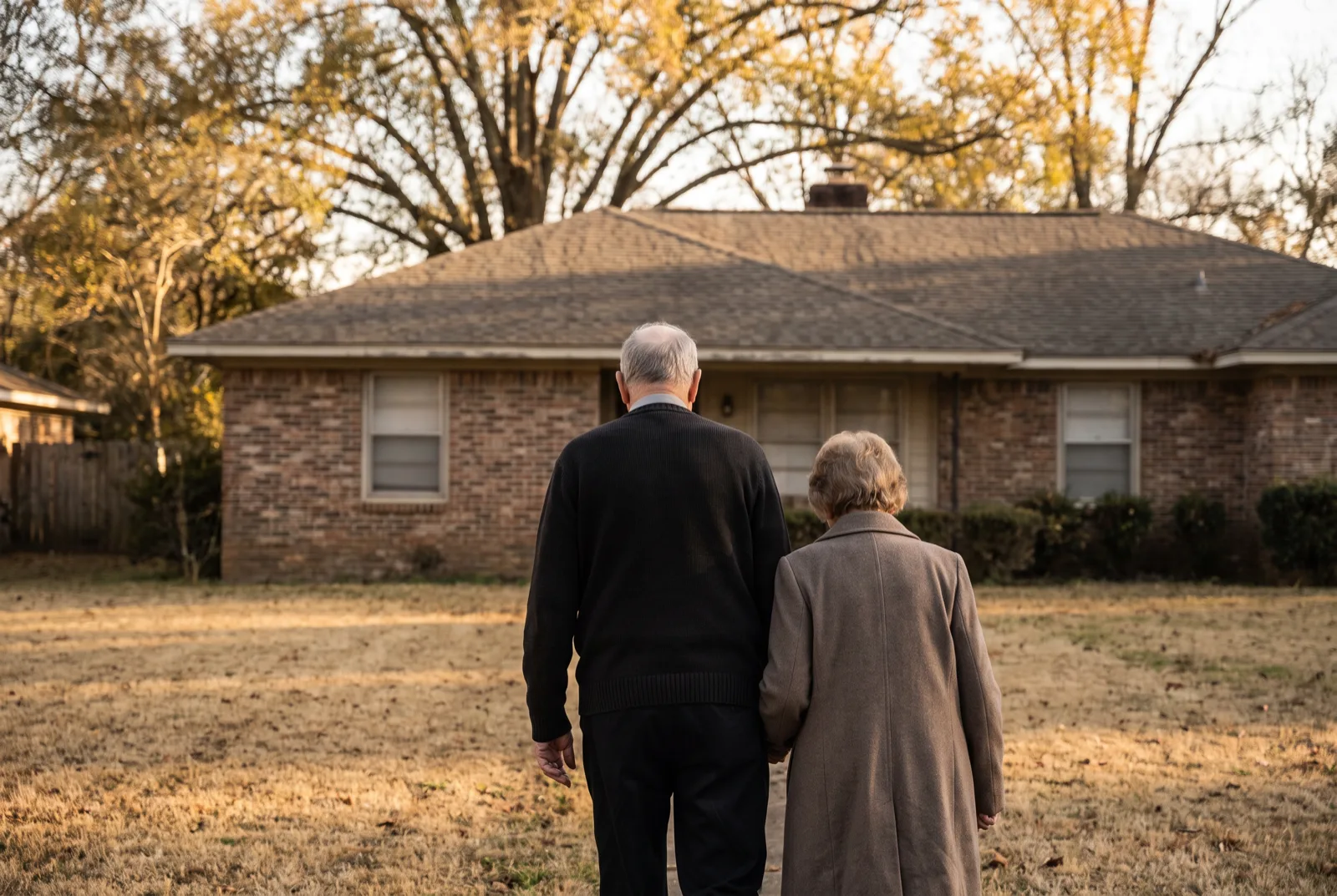 A man and his elderly mother walking together across the lawn of a family home in late afternoon light