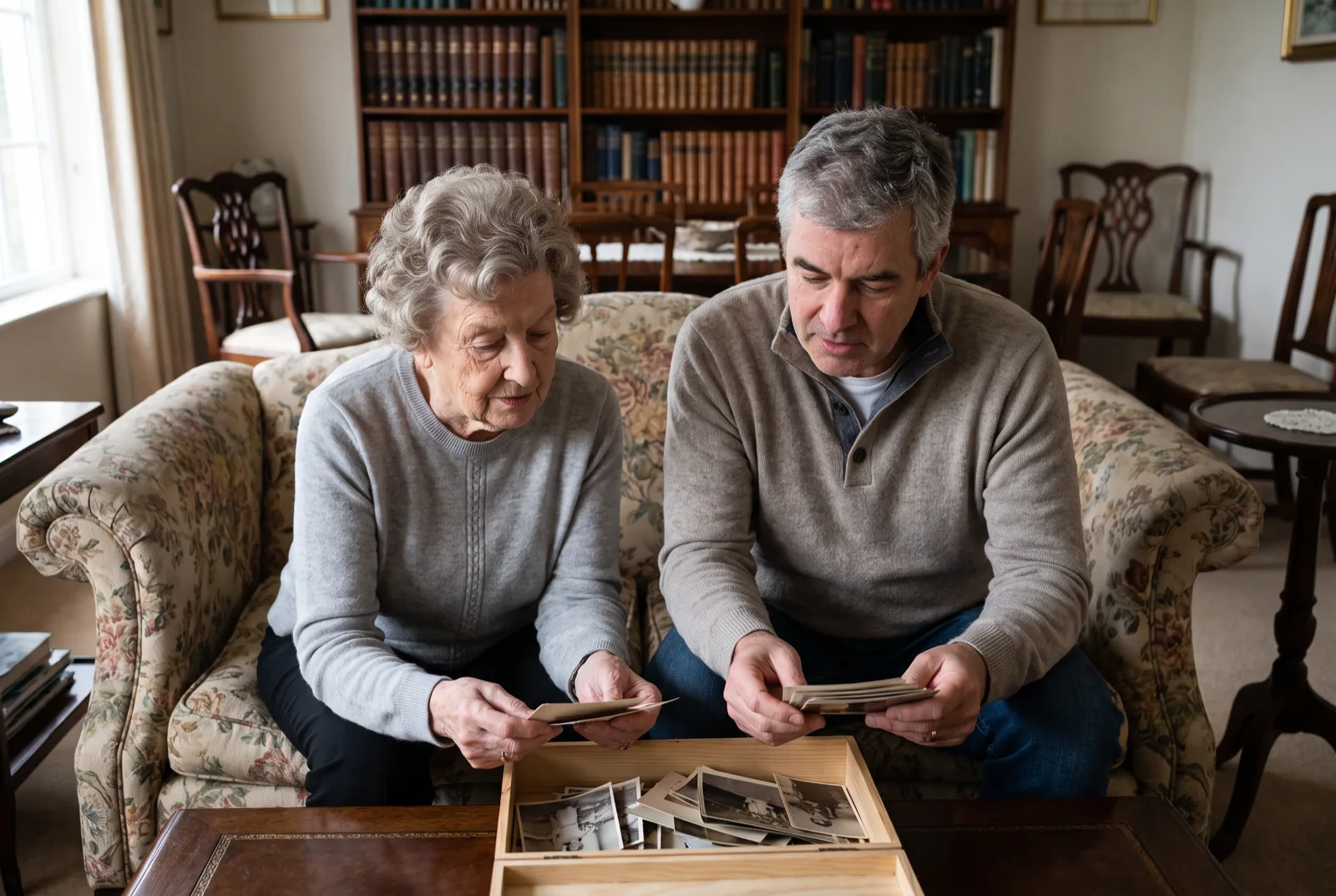 An elderly woman and her adult son sorting through a box of old family photographs together in a living room