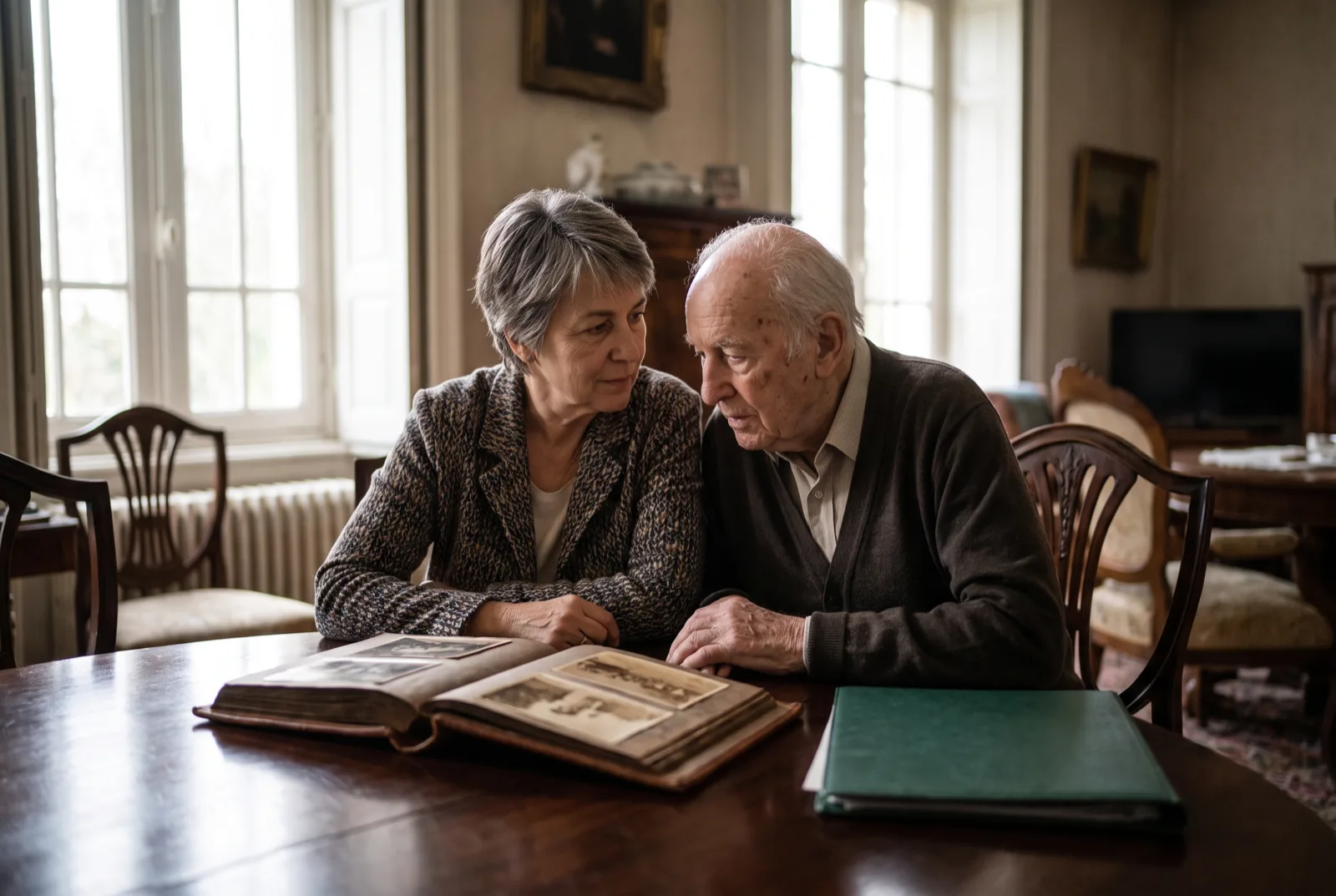 An adult daughter sitting with her elderly father at a dining table, an open family photo album between them