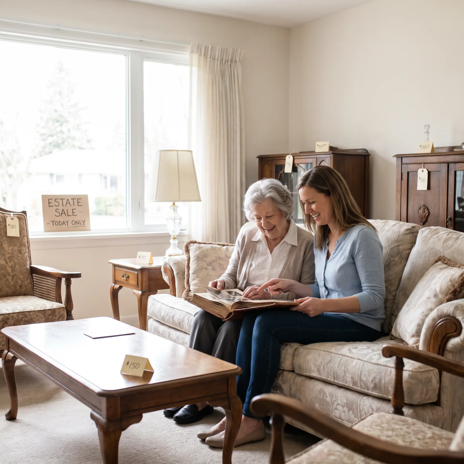 A family looking through a photo album together during an in-home estate sale walkthrough
