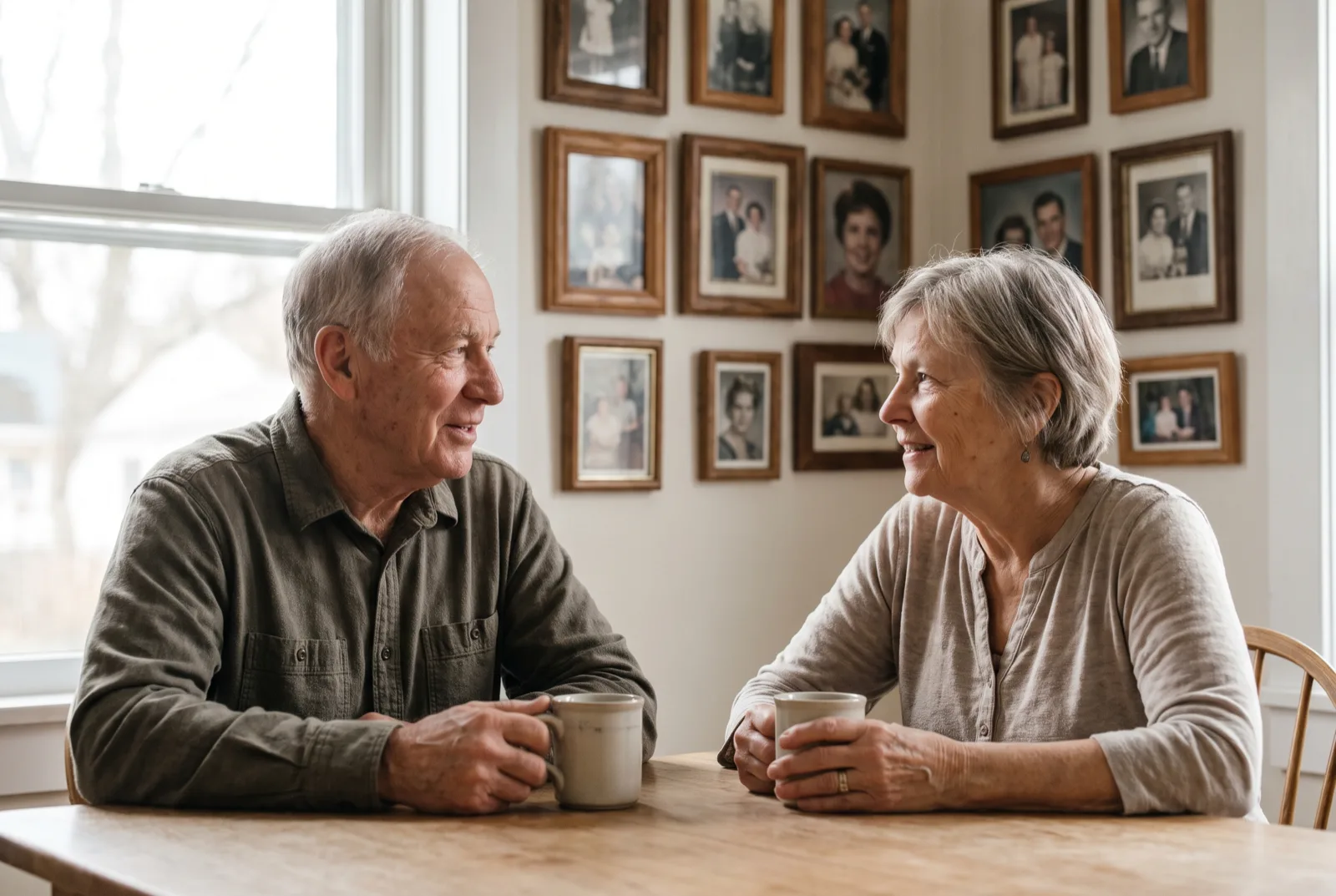An older couple talking over coffee at a kitchen table beneath a wall of framed family photographs